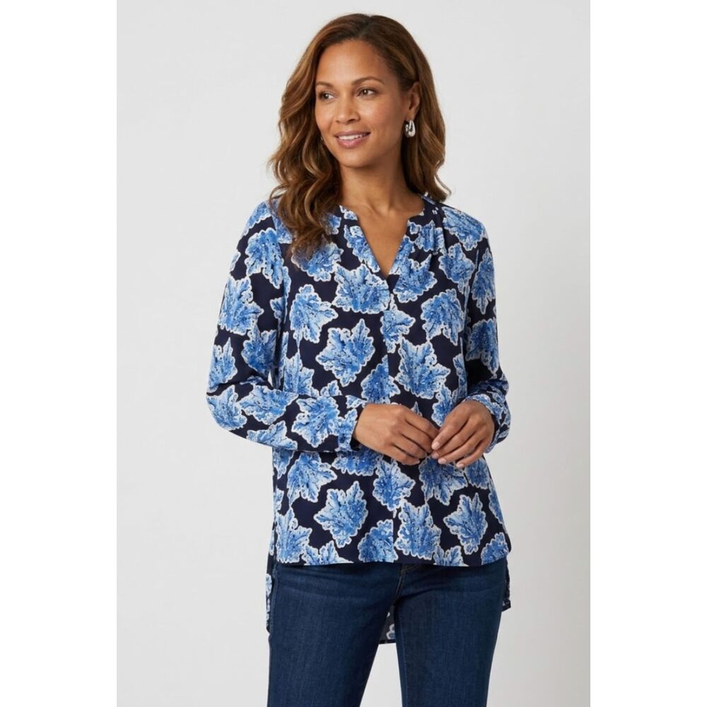Crown Ivy Coral Reef Notch V-Neck Long Sleeve Popover Blouse Women's Size Medium